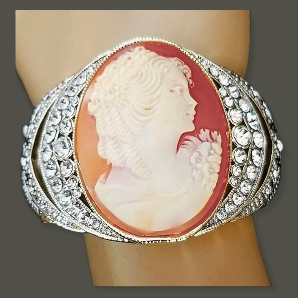 Amedeo NYC Cameo Rhinestone Gold Tone Cuff Bracelet